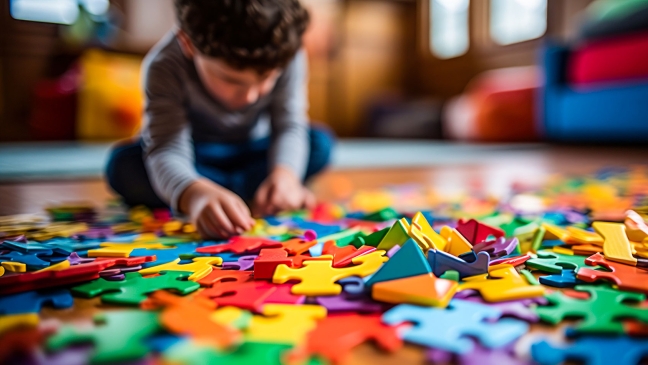 Small boy playing with puzzle pieces