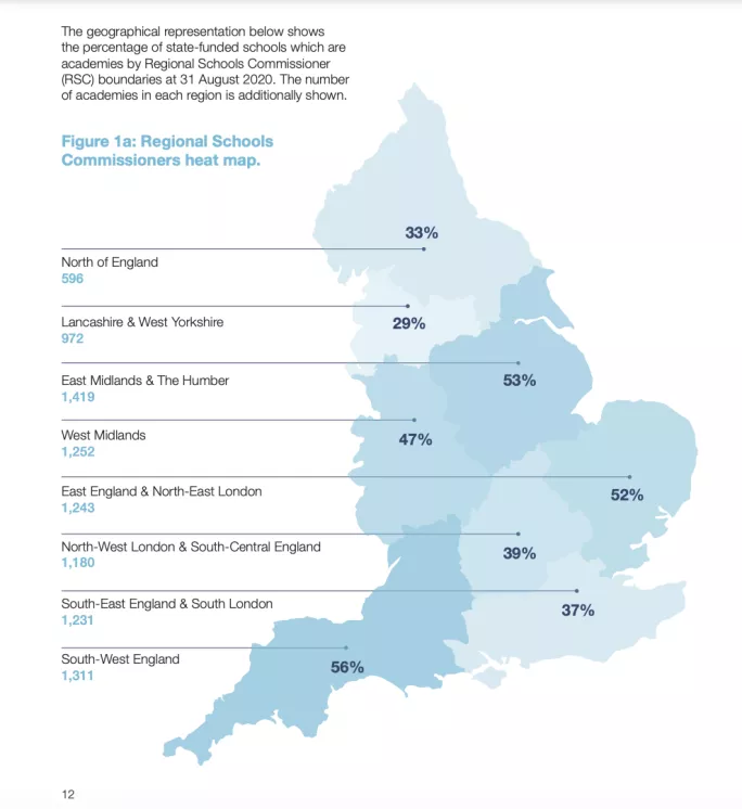 DfE map showing the proportion of academies by region.