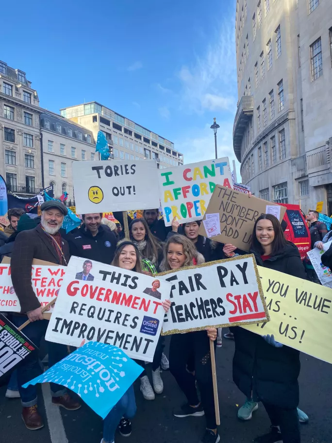 London teacher strikes rally banners