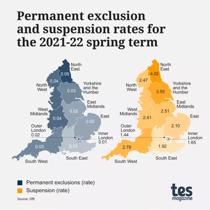Permanent exclusion and suspension rates for the 2021-22 spring term