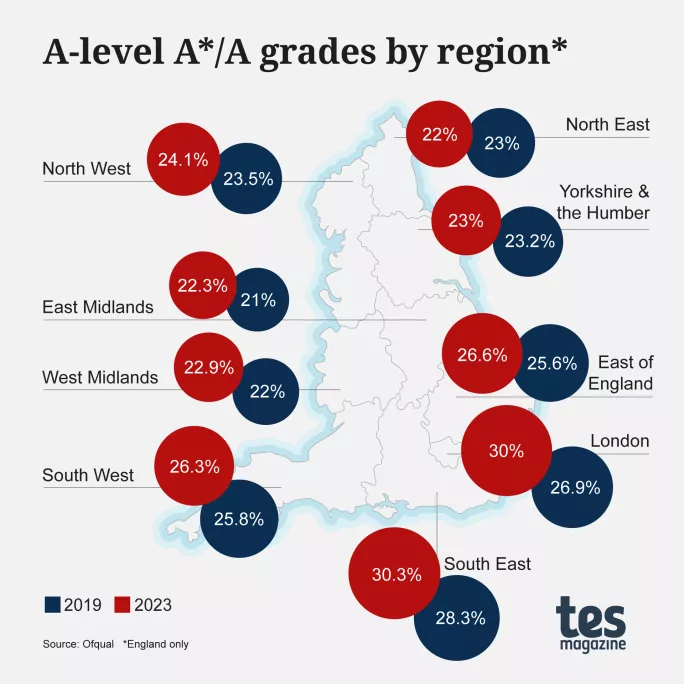 Map of A-level grades 2023