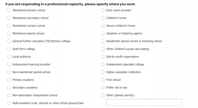 Ofsted's Big Listen consultation lists settings where people work but omitted alternative provision and PRUs.