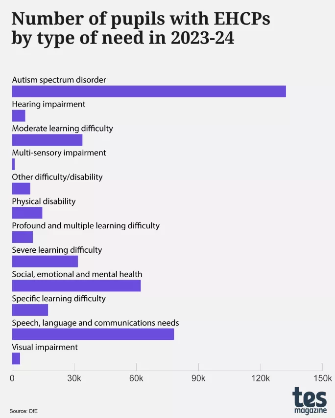 The number of pupils with EHCPs by type of need in 2023-24