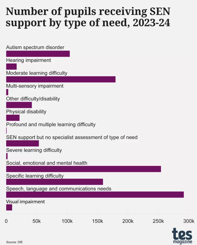 The number of pupils receiving SEN support by type of need, 2023-24