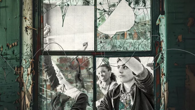 Classroom with broken windows