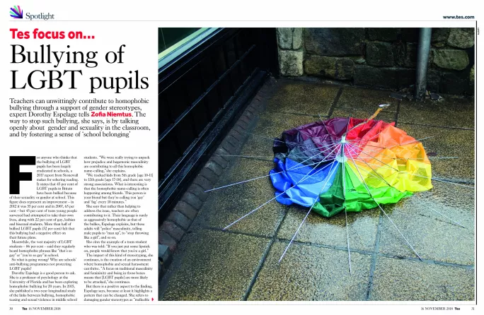 Tes spotlight on the bullying of LGBT pupils, Tes magazine 16 November