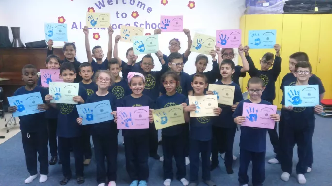 Al Shurooq pupils with peace cards to send to Lockerbie