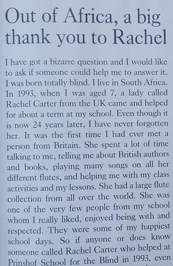 pupil, teacher, reunion, prinshof school for partially sighted and blind, south africa, pretoria, shanghai, tes, letter, heartwarming