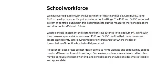 DfE guidance with detail on high risk settings removed