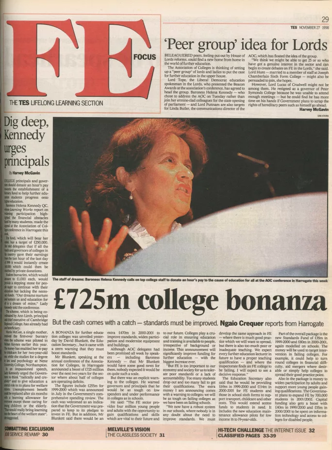 A 1998 edition of FE Focus, the lifelong learning section of the Tes 