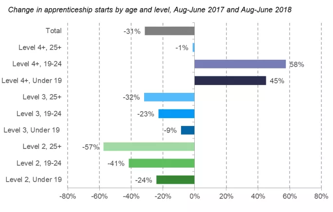 A chart showing the change in apprenticeship starts by age and level