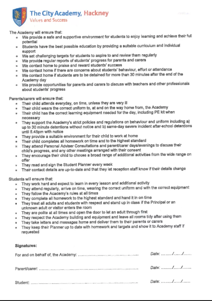 Parent voluntary withdrawal form from The City Academy