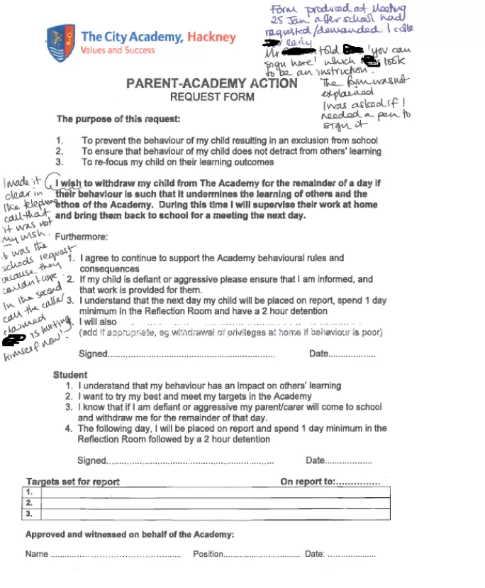 Parent voluntary withdrawal form from The City Academy