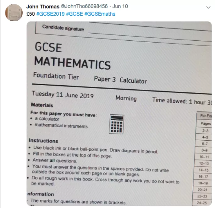 Fraudulent tweet GCSE maths