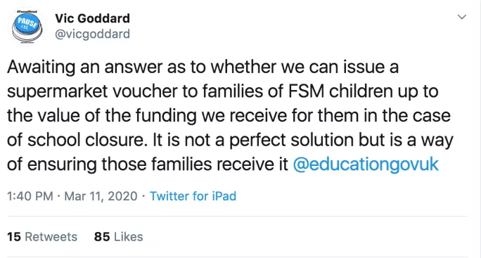 Vic Goddard has asked whether schools can use supermarket vouchers to feed pupils during a Coronavirus shutdown of schools