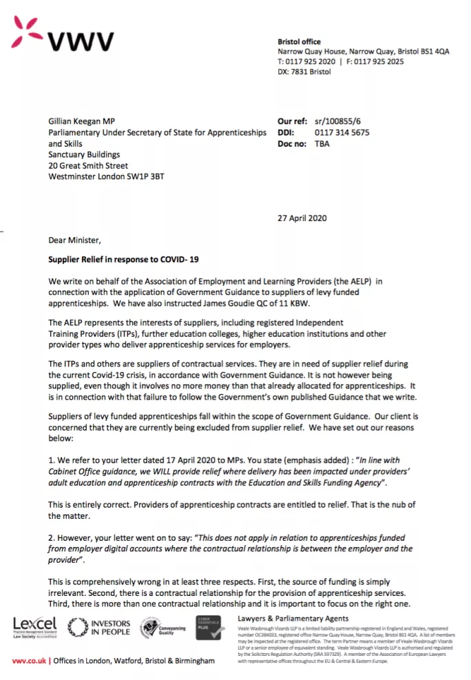 Letter to DfE