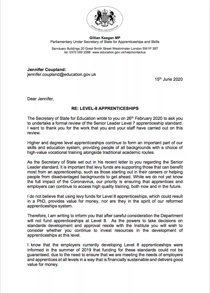 Level 8 apprenticeships letter page one