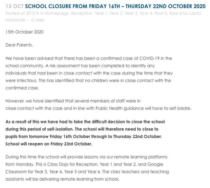 Closure notice on St Mary's school website