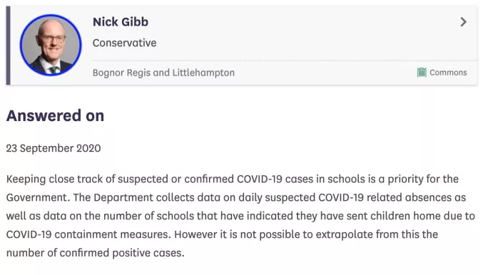 Nick Gibb said it is not possible to work out how many teachers have tested positive from the data collected by the DfE.