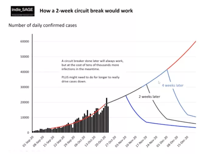 A graph presented by the Independent Sage group demonstrating the potential impact of a circuit breaker lockdown.