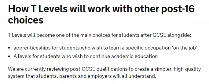 The introduction of T levels document explains more about the roll-out of the government's new technical qualifications