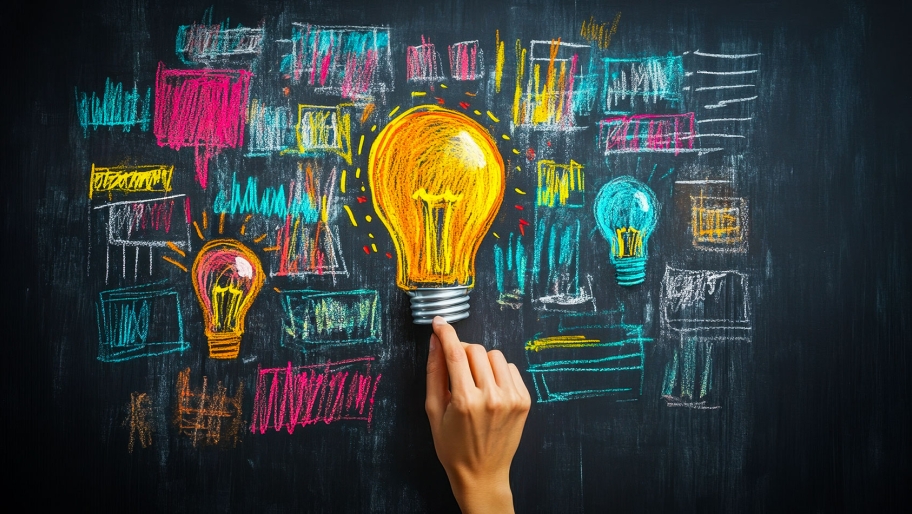 Hand drawn lightbulb on blackboard