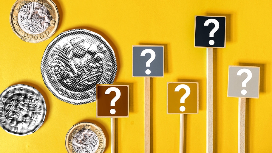 Question marks and coins