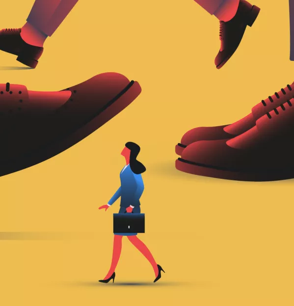 Illustration of a woman being walked over by men's shoes
