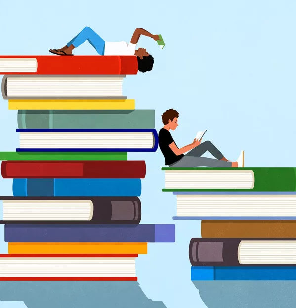 Illustration of teenagers lying on books reading