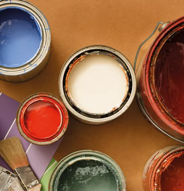 Open Pots Of Paint In Various Sizes & Colours With Brushes & Colour Palettes - College Research Project Improvement
