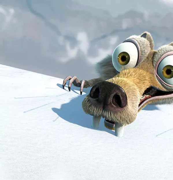 Scrat The Sabre-toothed Squirrel From Ice Age Hanging Onto A Cliff With His Teeth