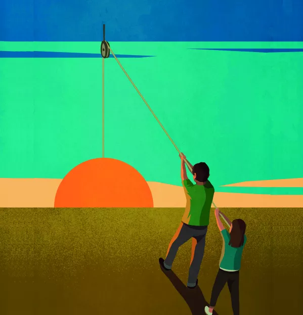 An Illustration Of Two People Using A Pulley To Rise The Sun – Scotland Headteacher Coronavirus Community
