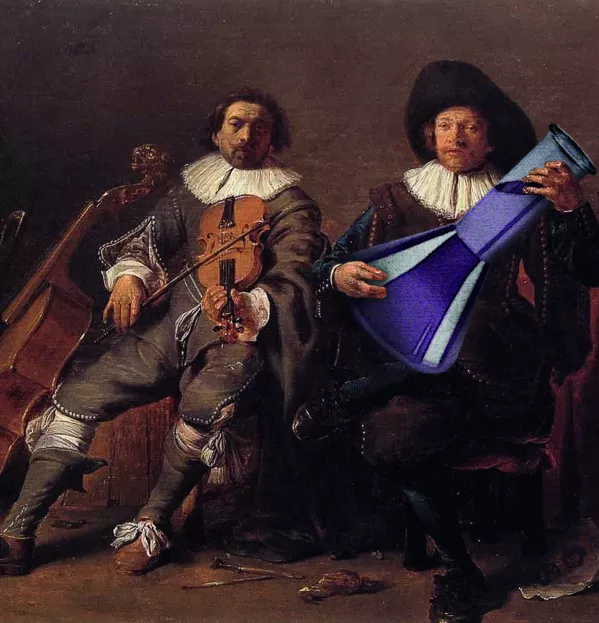 Two Musicians, One Holding A Conical Flask Instead Of An Instrument
