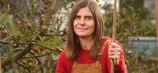 Melanie Renowden in dungarees in allotment