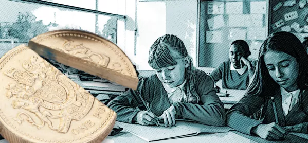 Children in school next to a cut in half coin