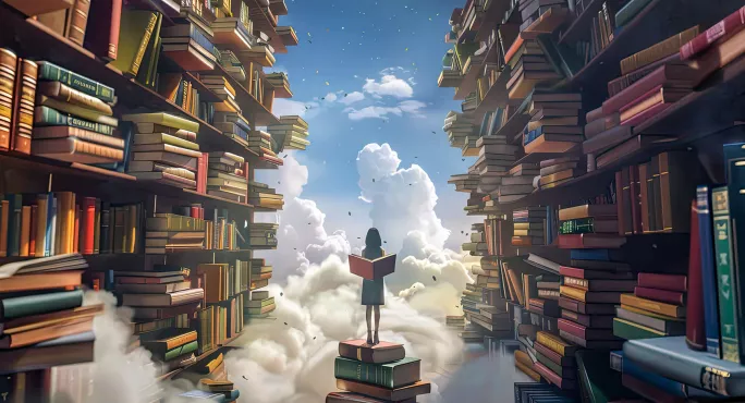 Girl reading on pile of books