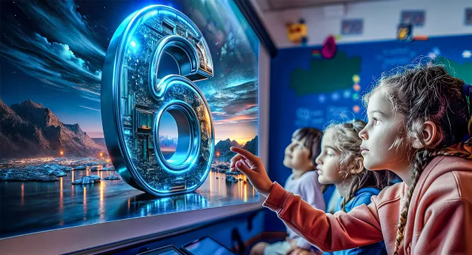 Digital number 6 on futuristic computer screen with children
