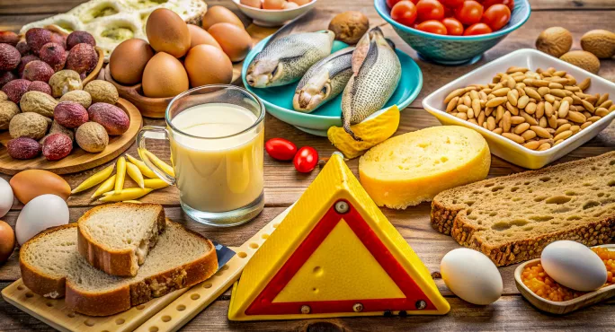 Table with a variety of allergenic foods