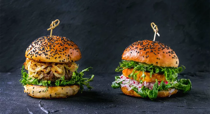 Traditional and veggie burgers