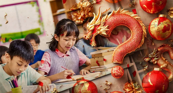 Chinese school children with dragon as question mark