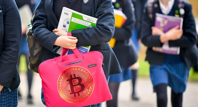 School girl with bitcoin printed bag
