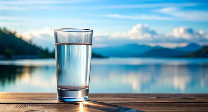 glass half full overlooking a lake