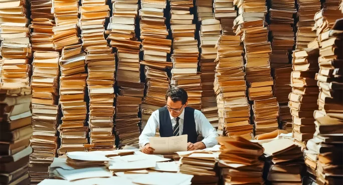 Man sitting at desk with loads of papers