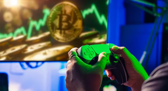 Gamer using controller for on screen financial imagery