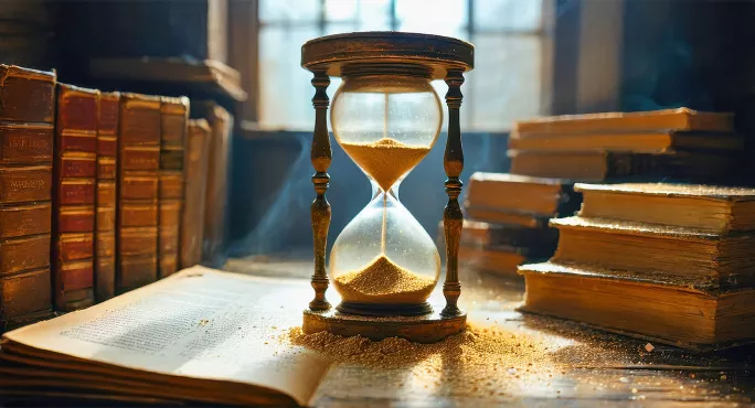 Hourglass on books. Budget time