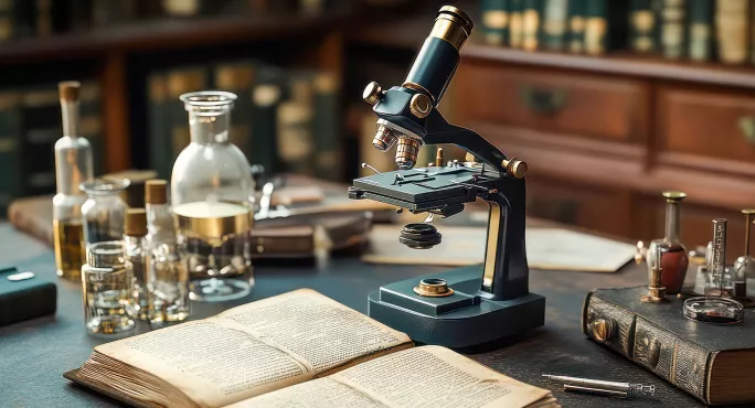 Microscope on desk with book
