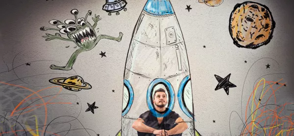 Man In A Drawing Of A Rocket Surrounded By Stars, Planets & Aliens – Deprived Students College Partnerships Scholarships