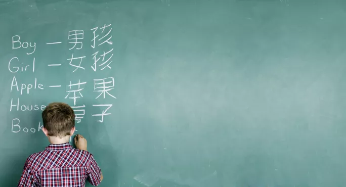 Boy At Blackboard, Learning Mandarin