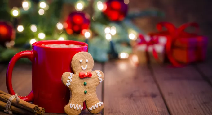 Festive Scene Of Ginger Bread Person & Mug Of Cocoa