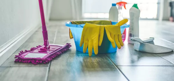 A Mop, Rubber Gloves & A Bucketful Of Cleaning Equipment